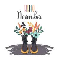 otoño flores en estacional botas. mano dibujado garabatear floral elementos en negro zapatos. otoño ramos de flores, hojas, letras. vector plano ilustración para invitación, saludo tarjeta, social medios de comunicación enviar