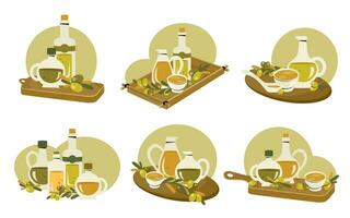 Set of olive oil bottles. Glass open pitcher and corked bottle of extra virgin olive oil on wood board. Kitchenware with branch of olive trees, leaves. Cooking, healthy concept. Vector illustration