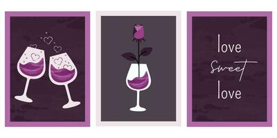 Set of romantic modern posters. Elegant trendy cards with glass of wine, beautiful rose, lettering. Vector illustration for Valentine's day, holidays, gift, romantic dinner, party, wedding, dating
