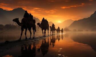 Desert safari camel ride at sunrise, photo