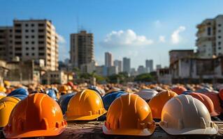 Yellow, White, and Blue protective safety helmet, photo