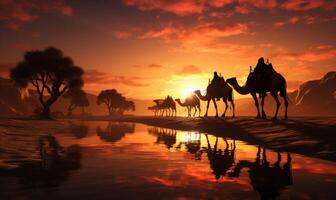 Cameleers camel driver with camel silhouettes in dunes on sunset, photo