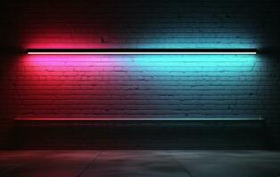 Neon tube lights on old brick wall background, Generative AI photo