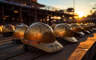 el la seguridad casco silueta a el construcción sitio con un puesta de sol fondo, generativo ai foto