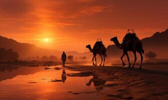 un camello conductor con dos camellos en el dunas de thar desierto, generativo ai foto