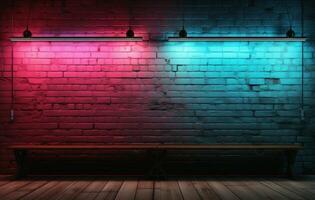 Neon effect tube lights on brick wall in room, Generative AI photo