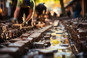 Teamwork on road sidewalk construction, Generative AI photo