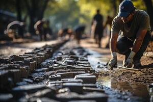 The road worker puts sidewalk tile on the road, photo