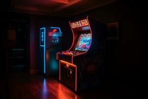 Arcade retro gaming machine at dark neon lighted room generative ai photo