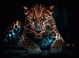 leopardo en negro antecedentes. generativo ai foto