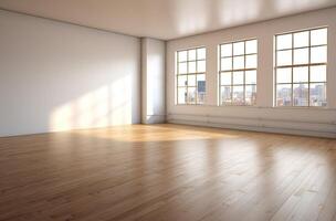 Empty white room with a wooden floor. photo