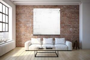 Blank canvas with brick wall in blank white room. Generative AI photo