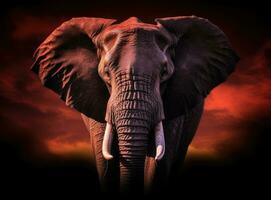 Elephant standing in front of intense sunset. Generative AI. photo