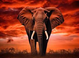 Elephant standing in front of intense sunset. . photo
