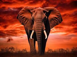 Elephant standing in front of intense sunset. Generative AI. photo