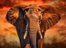 Elephant standing in front of intense sunset. Generative AI. photo