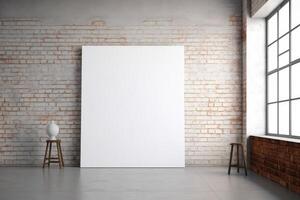 Blank canvas with brick wall in blank white room. Generative AI photo