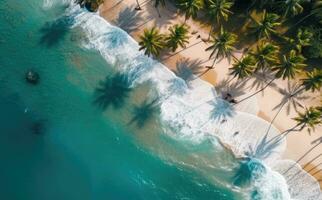 Beach with palm trees on the shore in the style of birds-eye-view. Turquoise and white plane view on beach aerial photography. photo