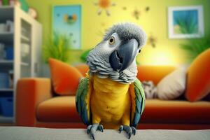 Cute Macaw Parrot Bird in Living Room. Macaw parrot bird with funny look photo