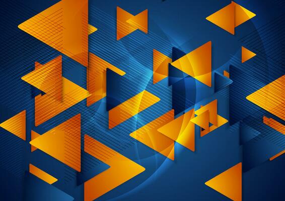 Bright blue and orange glossy triangles abstract background