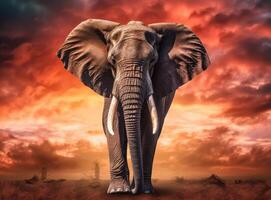 Elephant standing in front of intense sunset. Generative AI. photo