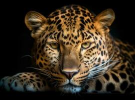 leopardo en negro antecedentes. generativo ai foto