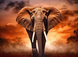 Elephant standing in front of intense sunset. Generative AI. photo