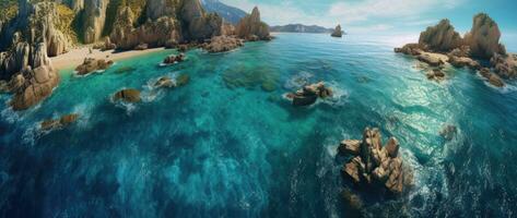 Aerial view of the ocean rocky shore. photo