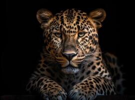 leopardo en negro antecedentes. generativo ai foto