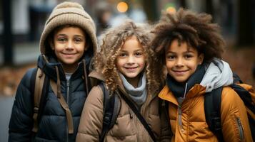 Group portrait of multiracial elementary going to school, Happy and smiling students with backpacks looking at camera walking with blurry autumn background,Education concept,Generative Ai photo