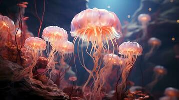 Jellyfishes with colorful tentacles under the sea, Generative AI. photo