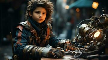 A Boy wearing goggle in steampunk style sitting at a computer, Teenager hacker sitting at old laptop in dystopian future with blurry street background,Generative Ai photo