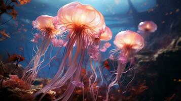 Jellyfishes with colorful tentacles under the sea, Generative AI. photo