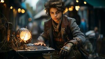 un chico vistiendo mirada sorprendida en Steampunk estilo sentado a un computadora, adolescente hacker sentado a antiguo ordenador portátil en distópico futuro con borroso calle fondo generativo ai foto