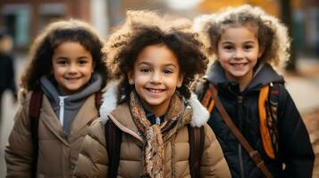 Group portrait of multiracial elementary going to school, Happy and smiling students with  backpacks looking at camera walking with blurry autumn background,Education concept,Generative Ai photo