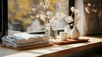 Apartment or House bedroom window with pajama and flowers decoration on wooden top bar with morning light, Generative Ai photo