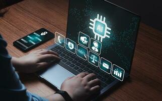 Woman use the power of AI on laptop and smartphone. Chat concept AI. Artificial Intelligence. Futuristic technology transformation. Write a prompt to generate images. photo