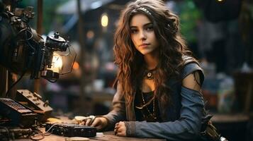 un niña vistiendo mirada sorprendida en Steampunk estilo sentado a un computadora, adolescente hacker sentado a antiguo ordenador portátil en distópico futuro vale la pena borroso calle fondo generativo ai foto