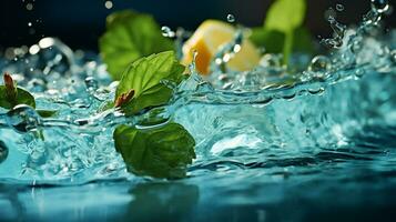 Water splash with green leaves floating ,Generative Ai. photo