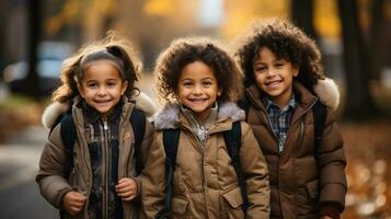 Group portrait of multiracial elementary going to school, Happy and smiling students with backpacks looking at camera walking with blurry autumn background,Education concept,Generative Ai photo