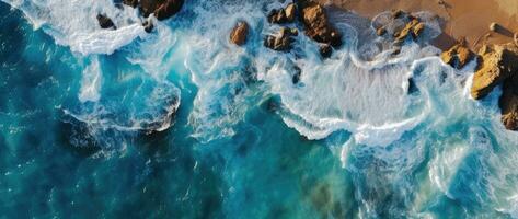 Aerial view of the ocean rocky shore. photo