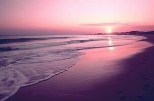 Sunrise over the sea and nice beach in purple color. Generative AI photo