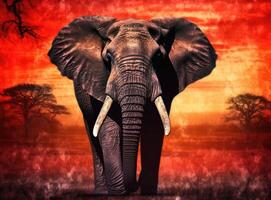 Elephant standing in front of intense sunset. Generative AI. photo