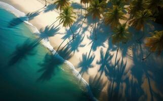 Beach with palm trees on the shore in the style of birds-eye-view. Turquoise and white plane view on beach aerial photography. photo