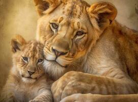 Mother and her cub relaxing on a plain. photo