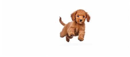 Brown puppy is jumping on white background. photo