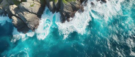 Aerial view of the ocean rocky shore. photo