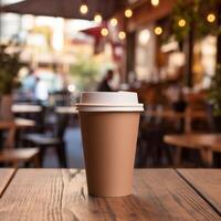 Brown Paper Coffee Cup, On a Wooden Table, with blur background of cafe, hyper realistic photo