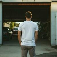 ai generativo un hombre vistiendo un llanura blanco t - camisa en el garaje frente a hacia atrás, Perfecto a crear camiseta Bosquejo foto