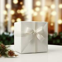 AI generative Blank gift box in white color on the table, perfect to create mockup preview photo